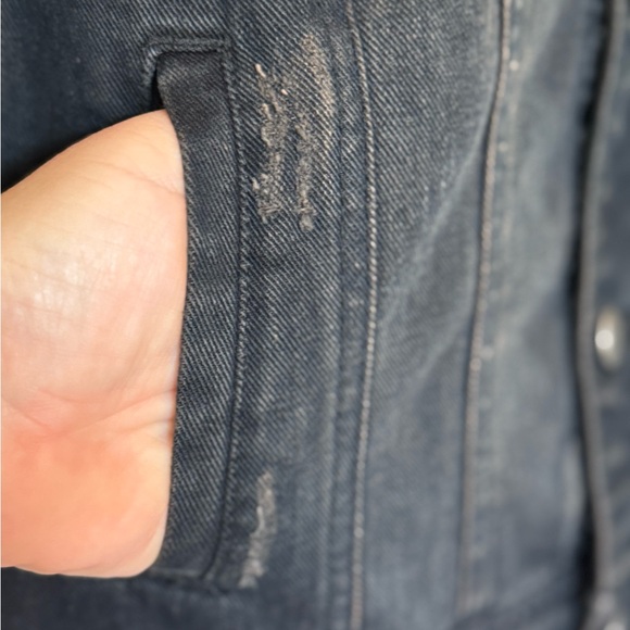 Free People Distressed Black Denim Jacket with Grey Knit Sleeves & Hood in XS - Picture 8 of 12